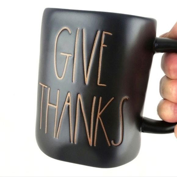 ⭐️2/ $50⭐️  Rae Dunn Black Ceramic Mat Mug Large Letters Orange GIVE THANKS - Picture 5 of 9